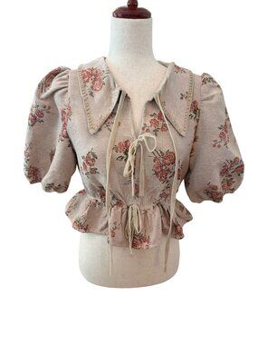Sofie The Label Floral Peplum Top Small Puff Sleeve Cottagecore Tie Front Blouse